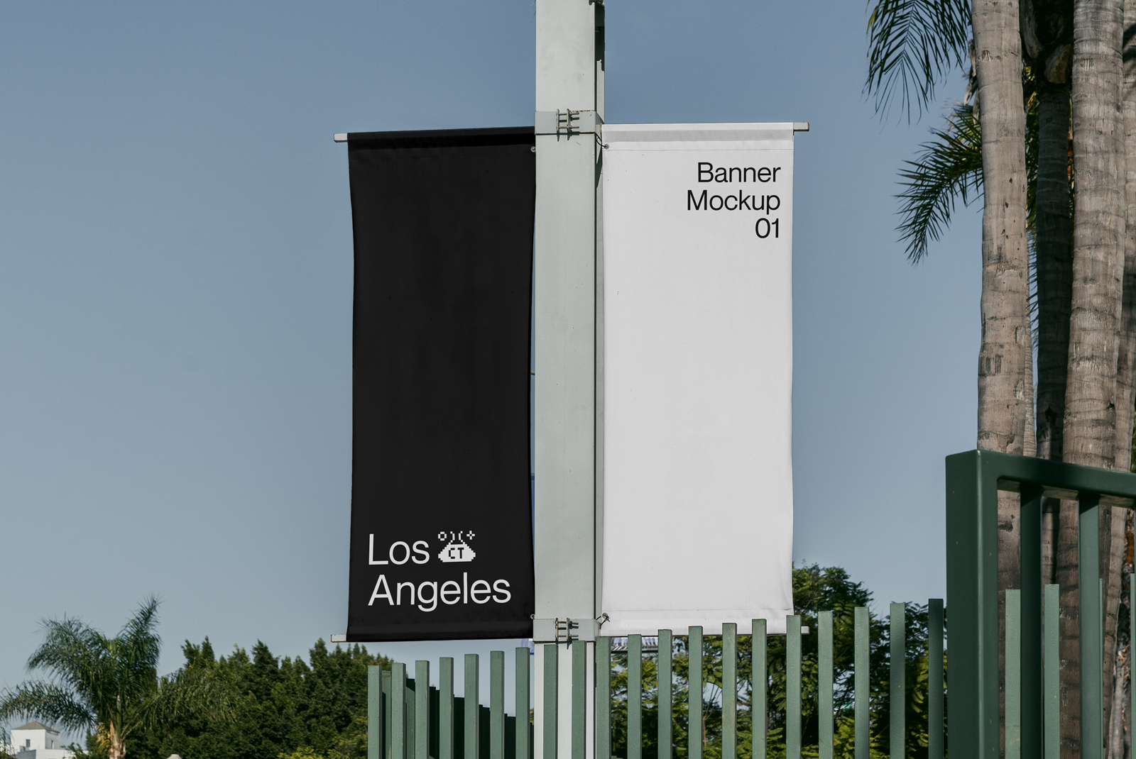 Vertical banner mockup on a pole, outdoor advertising, clear sky, text space, realistic design presentation, Los Angeles.